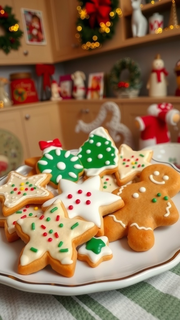 Vintage Christmas Cookie Recipe A plate of decorated vintage Christmas cookies in festive shapes, surrounded by holiday decorations.